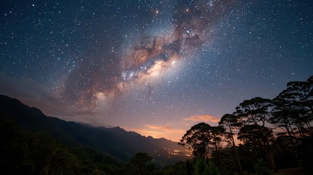 A breathtaking view of the Milky Way shining bright in the night sky above rugged mountains, creating a serene and awe-inspiring landscape filled with cosmic wonders.