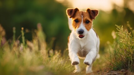 Jack Russel terrier dashing through grass, pure joy in golden light
