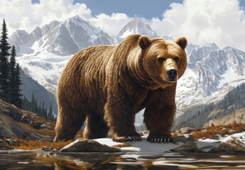 Mighty grizzly bear photo realistic illustration - Generative AI