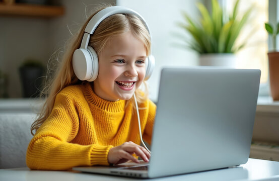Blonde girl in yellow sweater studies at laptop, wearing white headphones. Happy child learning remotely online, smiling during video call. Education concept.