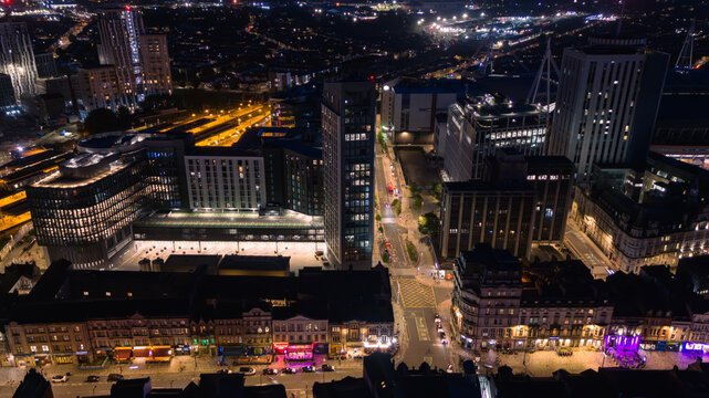 Aerial drone photo of Cardiff city centre at night, including St. Mary Street and Wood Street and the new Central Square
