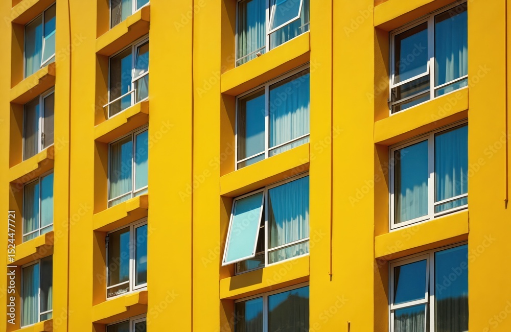 Poster yellow building with many windows reflects blue sky on sunny day. modern architecture design with re