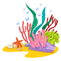Coral reef isolated on white background. Vector cartoon illustration. Underwater marine life, aquarium design element