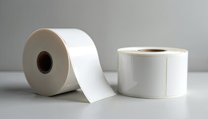 Rolls of blank labels on a white surface. Adhesive stickers for thermal transfer printing ready to use. Perfect for packaging product, business, address, price, mailing. Office supply.