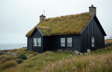 Fototapeta premium Coastal black house with grass roof, stone chimney. Nature get-away, cozy home, modern, rural style. Plants, scenic view, peaceful environment, environmentally friendly. Architecture, landscaping for