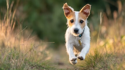 Jack Russel terrier dashing through grass, pure joy in golden light
