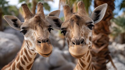 Naklejka premium A captivating image featuring two giraffes in close interaction, their slender necks and gentle expressions creating an enchanting scene in the wild, showcasing harmony and kinship.