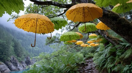 A vibrant scene featuring yellow umbrellas suspended from a lush green tree, surrounded by a picturesque landscape near a serene body of water, showcasing nature's beauty.