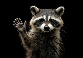 Photo of raccoon raising its paw, close-up, on clean solid background, pet relief concept, pets, care and maintenance, cute wild animals environment