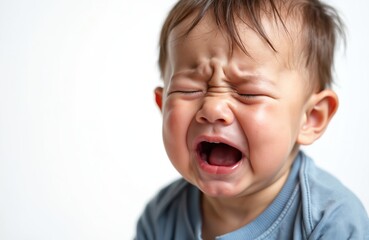Close-up of crying baby boy face. Infant with tear, upset, feeling pain. Sad child with open mouth on white background. Childhood grief, healthcare, problem.