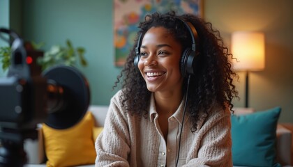 Young black woman recording video podcast. Smiling female content creator speaks in front of camera with headphones. Online broadcast, social media, vlog, influencer, media, cyberspace, communication