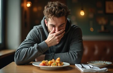 Young man in cafe looks disgusted with taste of served food. Man covers mouth with hand, unhappy meal, spoiled food, bad customer service. Restaurant, food poisoning, allergy concept.