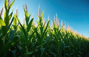 Obraz premium Low angle shot of cornfield in bright sunlight. Green corn plants against clear blue sky, farmland in Ontario Canada. Agricultural crop at harvest season.
