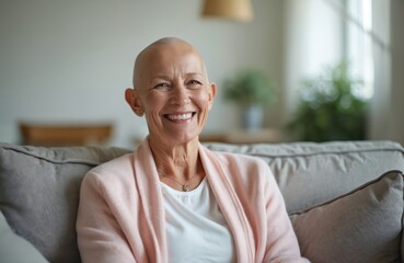 Bald woman smiles in home interior. Cancer survivor person sits on sofa. Portrait shows health, recovery, strength, optimism. Bald head, happy face, positive attitude to chemo treatment.