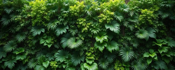Fototapeta premium Green wall plants background. Natural green tropical jungle plant leaves. Nature greenery background, home decor. Decorative design for wallpaper interior design. Tropical rainforest, botanical scene.