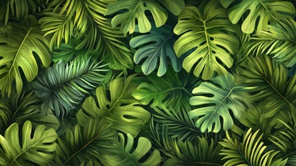 Lush tropical foliage backdrop of varied leaf shapes.
