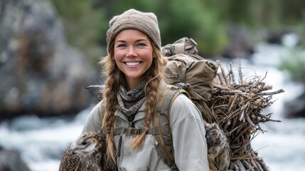This cheerful woman sports a nature-friendly look while holding owls, standing against a river backdrop that emphasizes her bond with wildlife and her adventurous spirit.