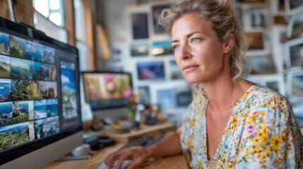 An engaged woman in a floral dress studies her screen, deeply immersed in evaluating photography work while surrounded by inspiring art showcased on the wall.