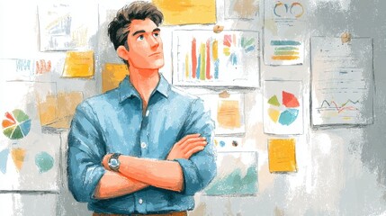 Leadership Inspiration A man ponders in front of analytical charts and graphs on a wall.