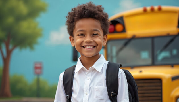 Smiling schoolboy stands outdoors, wearing white shirt, black backpack. Hispanic child with teeth, school bus stop background. Concept childhood, education, primary school, youth, fun, happy, student.
