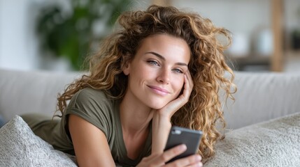 A young woman with curly hair smiles brightly while engaging with her smartphone on a couch, representing the joy and connection felt during modern communication.