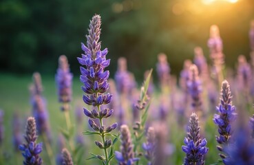 Fototapeta premium Close-up of blooming purple lupine flowers in a field. Summer scene with soft focus background, golden sunlight. Wildflowers in meadow, nature beauty, seasonal bloom, floral beauty, idyll.
