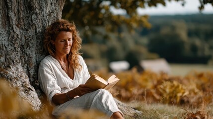 A woman indulges in a captivating book while seated under a majestic tree, conveying deep thought and connection to nature amidst a scenic backdrop of soft sunlight.