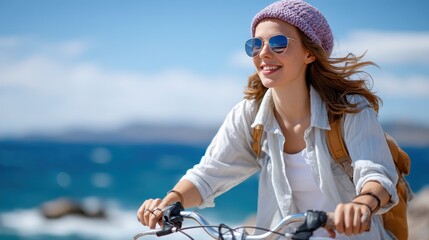 A young woman enjoys her carefree bicycle ride along the seaside, wearing stylish sunglasses and a cozy knitted beanie, embodying the spirit of adventure.
