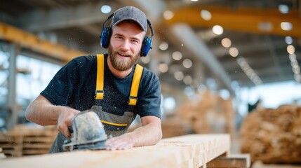 This image presents a skilled woodworker using a power tool to shape lumber, highlighting the craftsmanship and dedication involved in woodworking and furniture making.