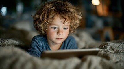 A young child with curly hair sits on a bed, fully focused on the tablet screen, creating a cozy atmosphere illuminated by soft indoor lighting with a peaceful night glow.