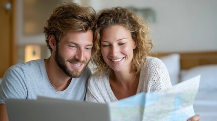 A young couple sits closely together, studying a map and a laptop. Their collaboration and excitement reflect their close bond, discovering new destinations to explore.