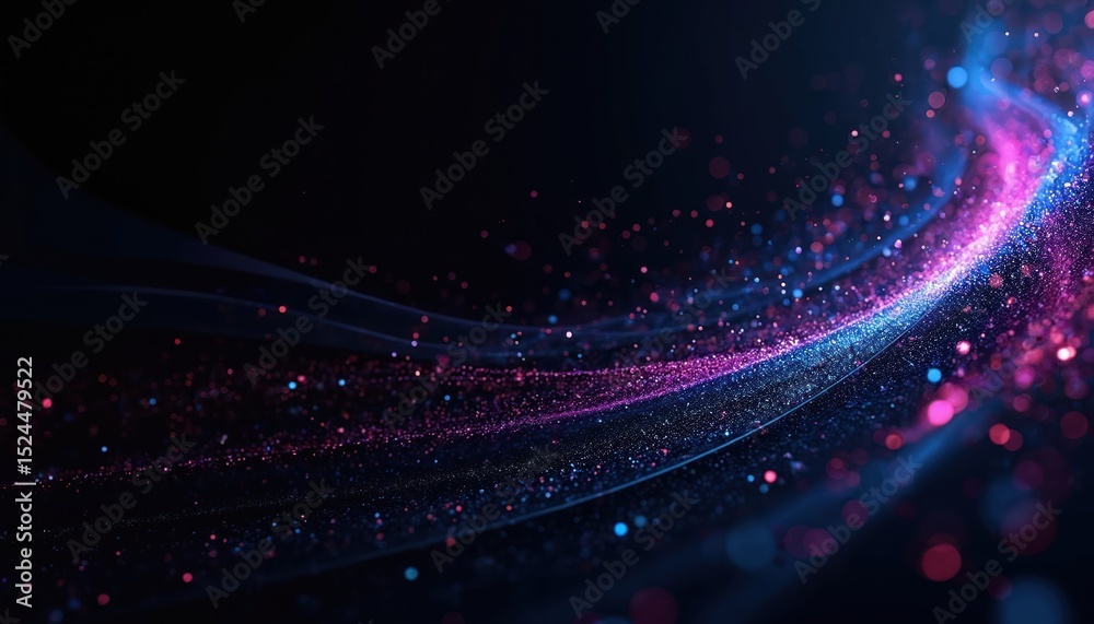 Poster Abstract background with neon purple and blue glitter waves. Tech cyberspace background with digital information flow, light. Digital data stream transfer, connection, global network concept.