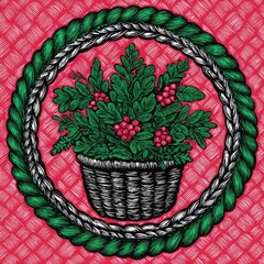 Decorative Red Berries Basket with Green Leaves: Vibrant Botanical Illustration for Rustic Home Decor & Gift Wrapping