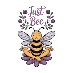 A whimsical illustration of a peaceful bee in a lotus
position sitting cross-legged on a purple lotus flower
