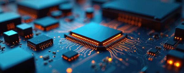 Abstract tech background circuit board, digital computer CPU. Microchip processor, futuristic computing science hardware. Binary microchip processor in laptop motherboard. Virtual integration concept.