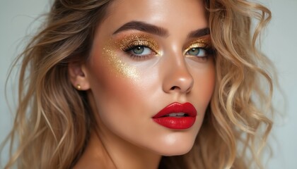 Fototapeta premium Glamorous beauty with golden eye makeup red lips. Elegant fashion portrait of young woman with shiny, wavy blonde hair. Pro make-up for beauty salon advertising. Close-up of stylish female face.