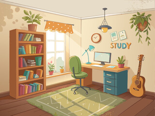 Creative classroom with sunlight glowing on desk full of books guitar and study notes