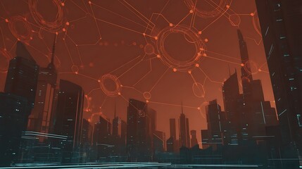 Cyberpunk city with network overlay backdrop