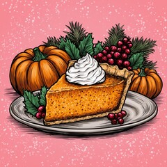 Festive Pumpkin Pie with Whipped Cream and Berries: Illustrated Thanksgiving Dessert Plate