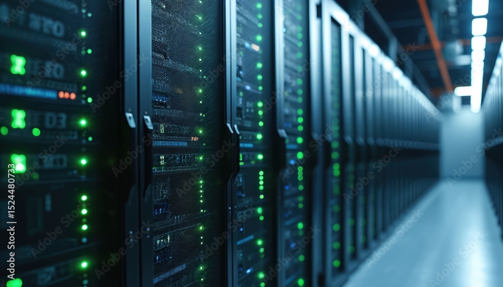 Poster Rows of server racks illuminate with green lights inside modern data center. High-tech equipment, servers, cloud computing tech, data storage, processing. Digital transformation, internet of things,