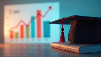 Photo shows correlation GDP growth education levels. Grad hat on book with financial chart. Rising arrow, graphs illustrate relationship. Education empowers. Economic, social studies, learning,