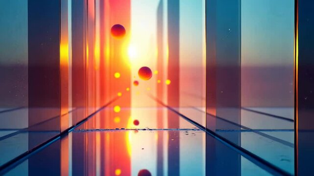 Abstract background glass distortion, color refraction, reflective surfaces. Visual harmony. Light bends through textured panels. Spectrum shifts on smooth surfaces. Mood enhances with color play.