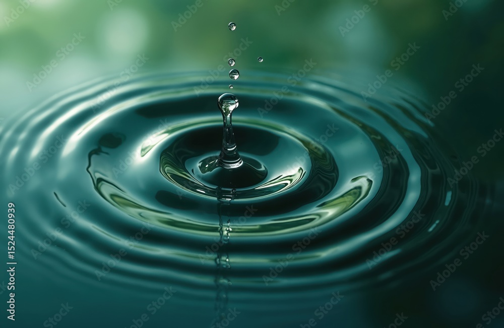 Poster water drop falling in water creating ripples. abstract shape of water on green nature background. im