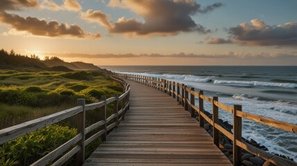 Obraz premium Wooden boardwalk path winds along a beach at sunset. A tranquil coastal scene with a golden sunset over the ocean