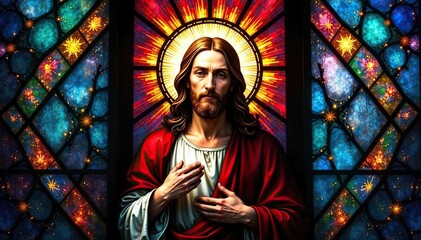 Fototapeta premium Vibrant stained glass window depicting a serene Christ, radiating light and symbolic colors Perfect for religious themes, Easter, Christmas, or inspirational projects , cathedral, cross, serene