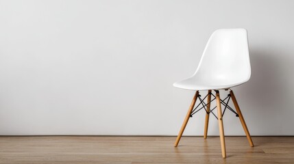 A 4K photo of single modern white chair furniture with wood legs and minimal copy space background.
