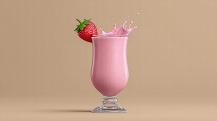 Milkshake strawberry minimalist concept. A refreshing pink drink with a splash, garnished with a strawberry, set against a neutral background.
