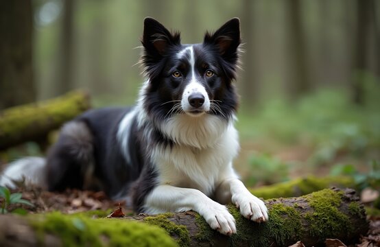 Marble border collie dog rests in forest. Black white pet lies on log, green moss. Beautiful doggy portrait front view. Cute, friendly, happy animal in nature. Forest background trees. Pet care