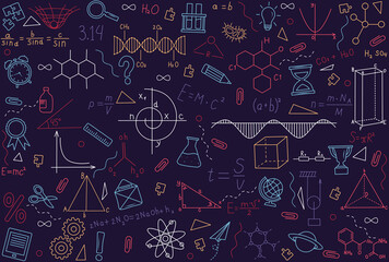 Drawn scientific formulas and supplies for studying science at school or university, physics, chemistry, geometry, biology, test tubes. Scientific drawn background for design on school theme.