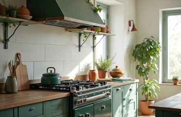 Stylish kitchen interior with green cabinets, wooden counter, white tiles, stove, shelving with pottery, plants, props. Bright natural light shines on wooden table. Modern design, eco style, home